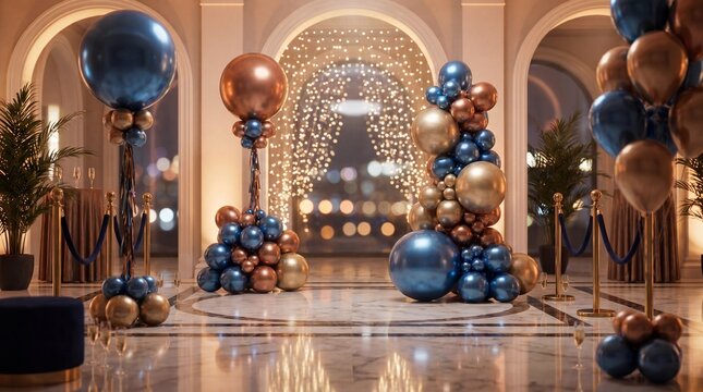 Elegant blue and gold balloon decorations, luxury ballroom event space with fairy lights, festive gala party venue with metallic balloon pillars