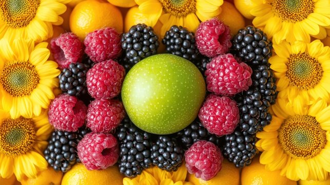 Variety of fruits and flowers, vibrant color palette