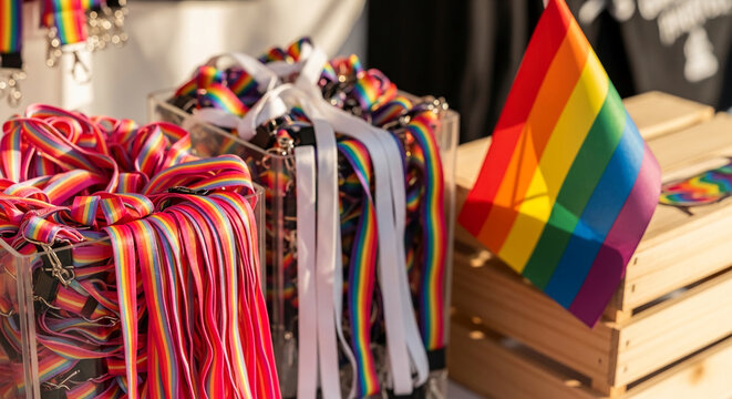 Rainbow-colored lanyards and a small flag are displayed in a retail setting, symbolizing pride, celebration, and LGBTQ+ community support