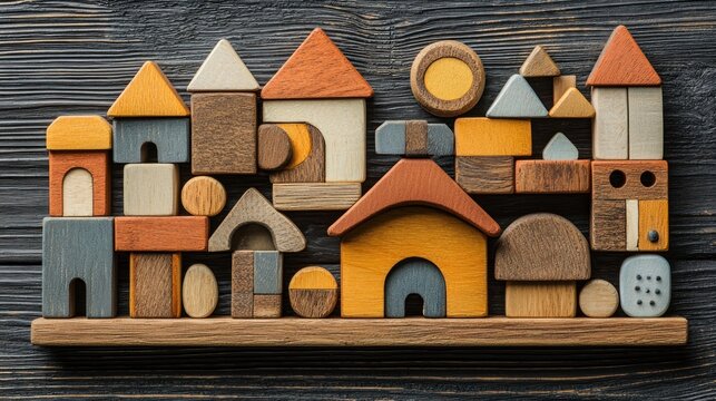 Various sized wooden blocks on dark wood board