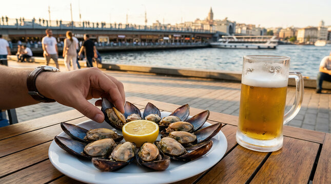 Traditional Istanbul stuffed mussels served with lemon and cold beer by the Bosphorus waterfront, featuring a scenic panoramic city view at sunset.