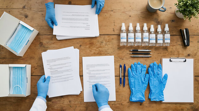 Medical testing workspace with documents, gloves, face masks, and laboratory sample vials arranged on a desk, representing healthcare organization and clinical preparation.