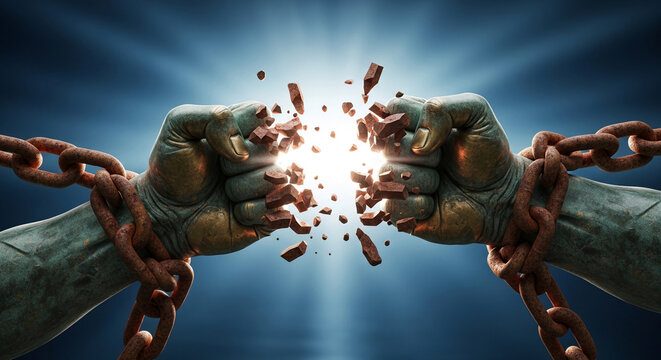 Powerful fists break rusty chains, symbolizing liberation and the shattering of restrictions, representing freedom and overcoming obstacles, with a bright light emanating from the rupture