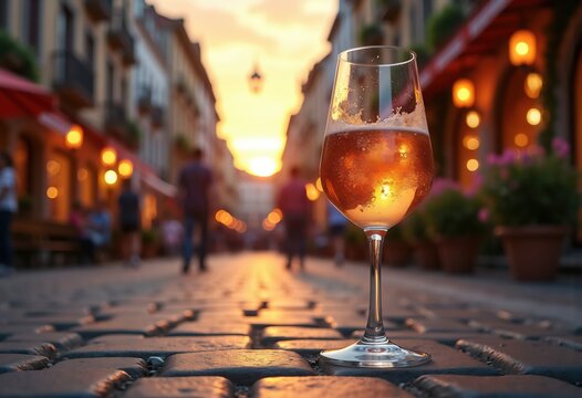 Charming Wine Glass on Vibrant European Piazza Under Beautiful Sky Reflected Sunlight
