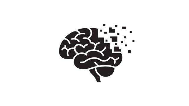 Black brain icon with pixels exploding