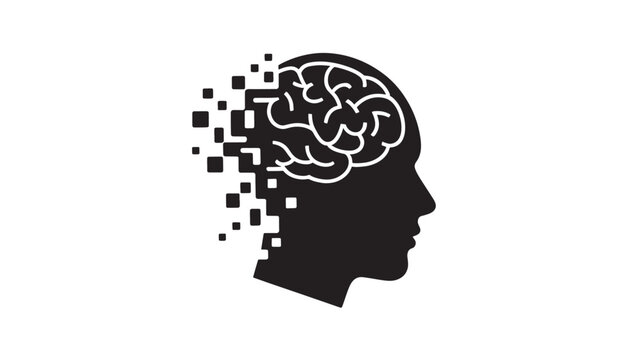 Black silhouette of a human head with a brain and disintegrating pixels