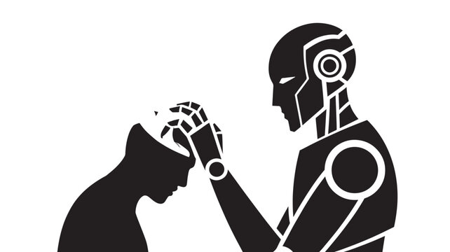 Black silhouette of a robot touching a humans head