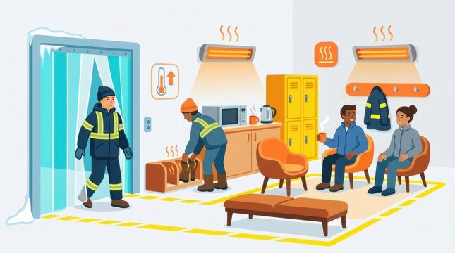 Workers are resting in a break room within a cold storage warehouse. One worker enters while others relax and prepare for upcoming tasks.