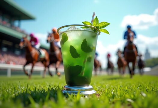 Exquisite Summer Horse Racing Event Mint Julep Served in Silver Cup Sparkling with Fresh Mint