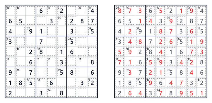 Sudoku Hurd Killer puzzle grids with highlighted numbers in red  