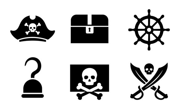 Pirate icon collection featuring treasure chest, pirate ship wheel, skull symbols, crossed swords and mystery silhouette illustrations