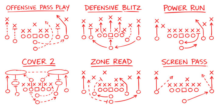 American football playbook tactical strategy schemes red ink line drawing