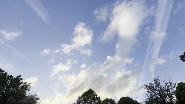 Evening clouds and airplane contrails panning