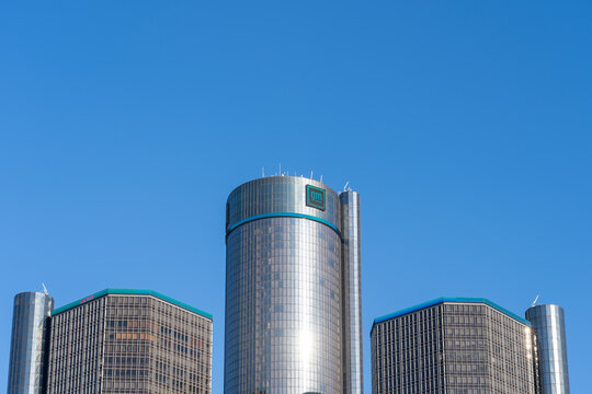 Detroit, Michigan, USA - December 28, 2021: General Motors Renaissance Center on the Detroit International Riverfront in Detroit, Michigan, USA