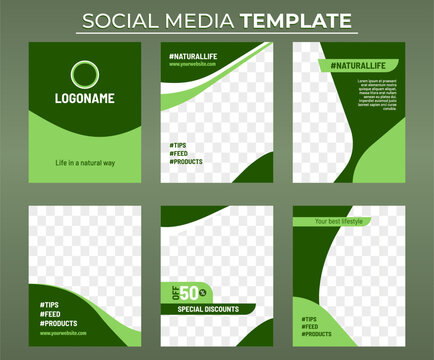 Green social media post template set with organic shapes and geometric logo placeholder for nature and wellness business.