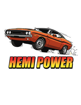 Aggressive retro orange muscle car performing wheelie with Hemi Power typography, dynamic comic book vector illustration for t-shirt design