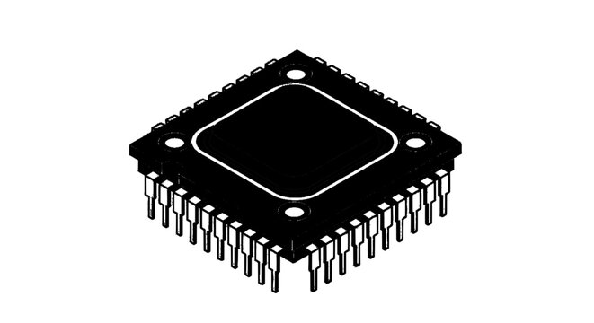 Minimal black silhouette icon, simple flat vector, bold black shape, no, no shading microchip integrated circuit electronic component on a, flat icon style