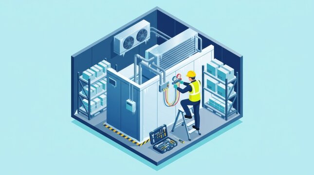 Technician repairs cooling unit in refrigerated warehouse, ensuring all systems function properly and meet safety standards for stored products.