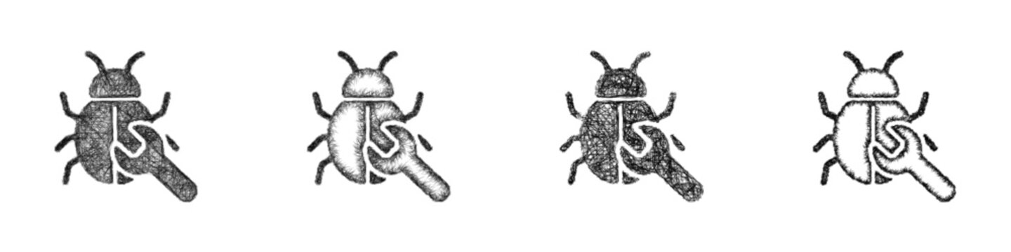 Sketch black and white bug fixing icon design set