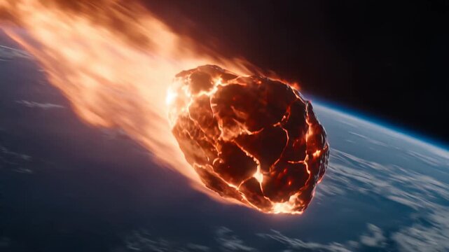 Burning asteroid entering Earth atmosphere above planet curvature. Panning shot of celestial impact concept.