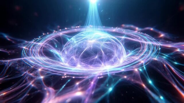 Glowing cosmic energy sphere with swirling lights in abstract style on dark space background, concept of futuristic energy flow