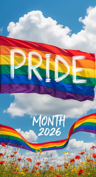 Rainbow pride flag waving against a blue sky with clouds over a field of wildflowers, symbolizing LGBTQ+ celebration and unity.