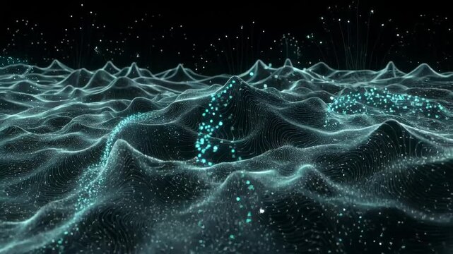 Abstract glowing wave landscape with fine particle lines in digital style on dark background, concept of data flow and motion