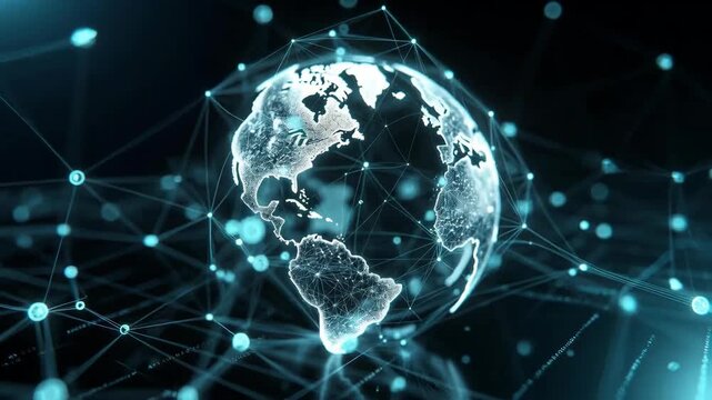 A luminous globe with network lines shown in a futuristic style on a dark background, expressing global connectivity and data flow