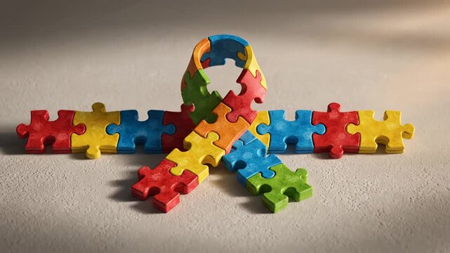 Colorful Puzzle Pieces Forming Awareness Ribbon Symbol.