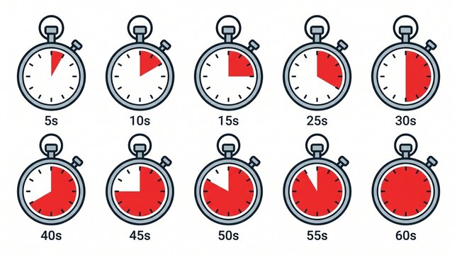 Sequence of twelve stopwatch icons with increasing red segments, symbolizing time progression, countdown, and measurement in modern visual design.
