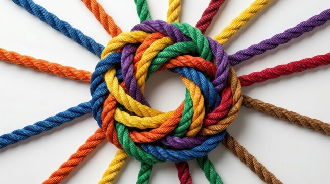 Many colorful ropes intertwined and knotted together in a circle on white background, unity teamwork and strong partnership business concept