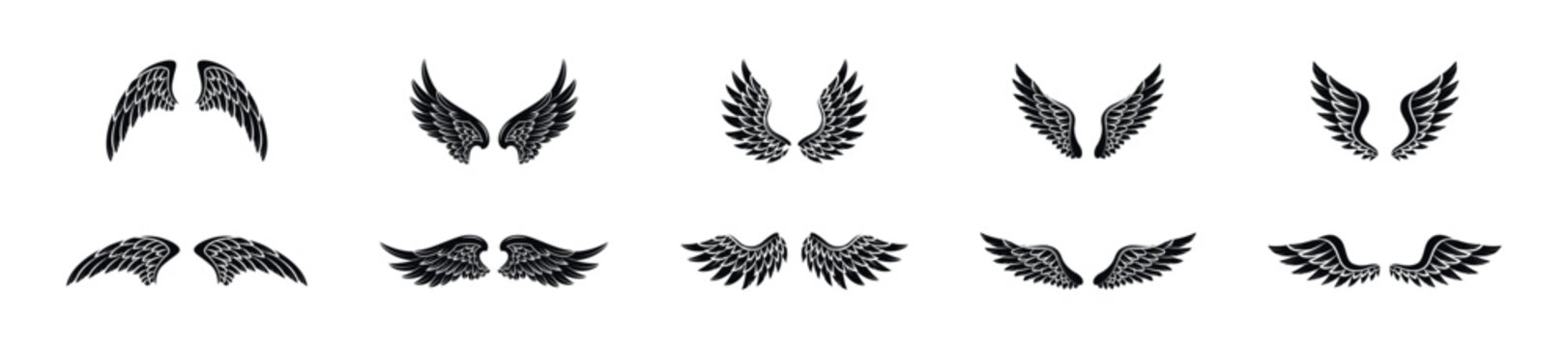 Bird wings with feathers vector flat set.
