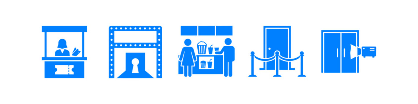 Collection of blue flat icons illustrating the movie theater experience, featuring a ticket counter, snack bar, roped entrance, and projector beam through double doors.