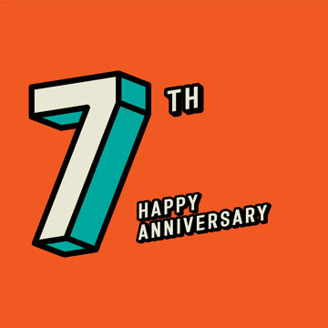 3d number 7st with happy anniversary text on orange background. Editable corol and vector.