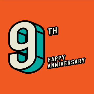 3d number 9st with happy anniversary text on orange background. Editable corol and vector.