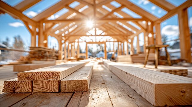 Sunlight streams through roof beams of wooden frame house. Freshly cut lumber lines floor, ready for construction. Blue sky and distant trees frame open space. Perfect for architectural, building