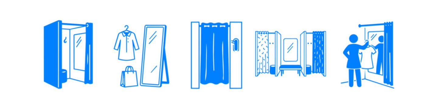 Set of blue linear icons depicting fitting rooms, dressing rooms, mirrors, and shopping elements for clothing retail stores and fashion boutiques.