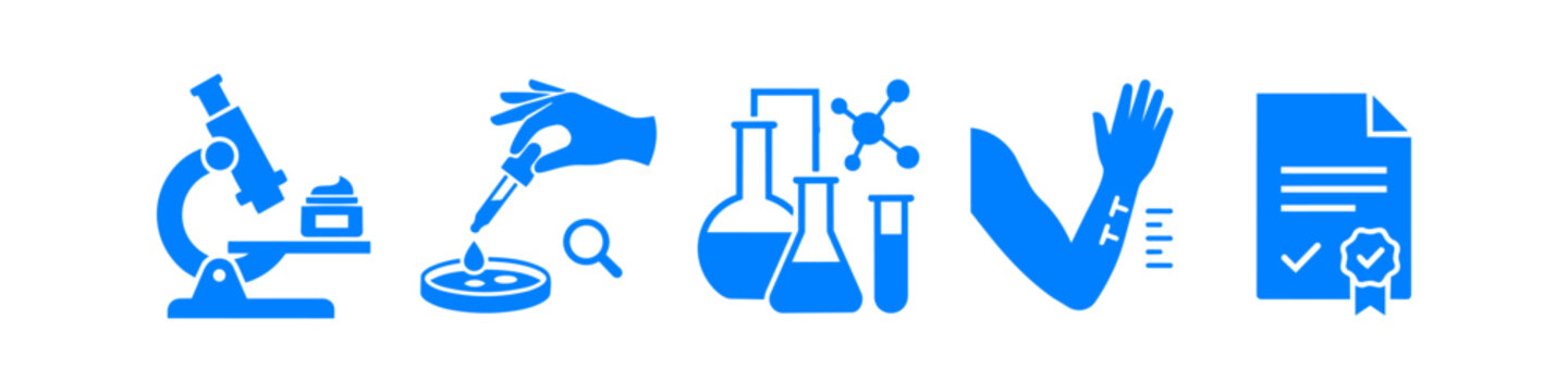 Set of icons for dermatological testing and clinical research featuring a microscope, laboratory glassware, skin patch test, and quality certification. Blue minimalist icons on white.