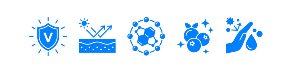 Set of blue skincare and health icons representing UV protection, vitamin shield, molecular science, berry extracts, and hand sanitizing on a white background. © Trends