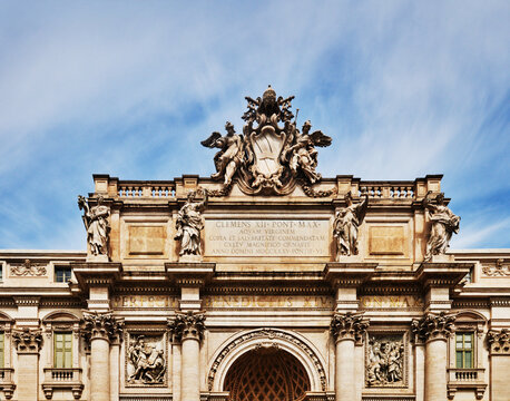 Detail of Trevi Fountain (Fontana di Trevi) designed by baroque architect Nicola Salvi and completed in 1762, located in the Trevi district of Rome, Italy, Europe 