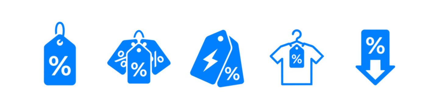 Set of five blue flat vector icons for retail sales and promotions, featuring discount price tags, flash sale lightning bolt, t-shirt with sale tag, and price drop arrow on white background.