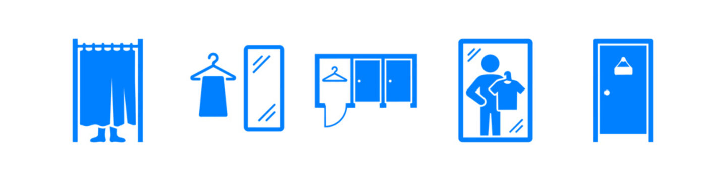 A set of blue minimalist icons for fitting rooms and dressing rooms, featuring mirrors, hangers, curtains, and stall doors, perfect for retail shopping signage or interface design.