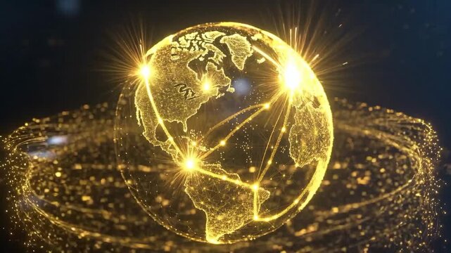 Glowing digital globe with connected points in abstract style on dark background, concept of global communication and connectivity