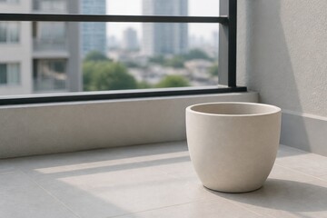 Fototapeta premium Modern pot sits on balcony with city view in background during daylight with sunlight casting a shadow