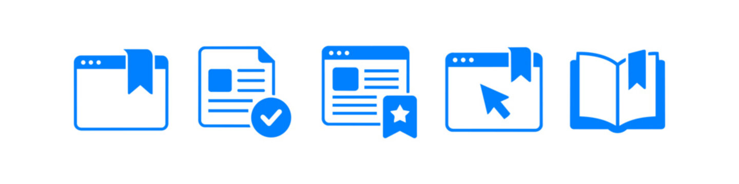 Set of blue bookmark and web browser icons for save, favorite, and document verification. Minimalist vector illustration for user interface design, reading, and internet navigation.