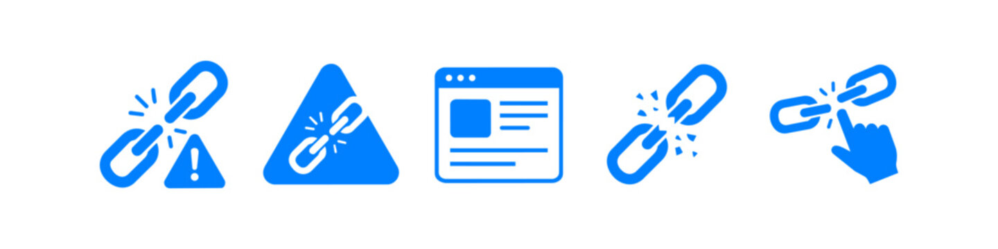 Set of blue web error icons including broken links, warning signs, and page not found symbols, ideal for UI and UX design.