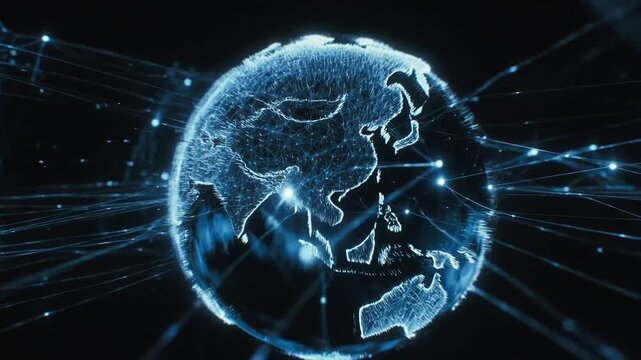 Glowing digital Earth with connected lines in luminous tech style on dark backdrop, symbolizing global communication
