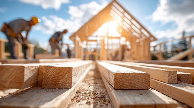 Wooden beams line foreground, leading to framing of new house. Workers in background lift lumber, focused on task. Sun shines bright, casting warm glow over construction site