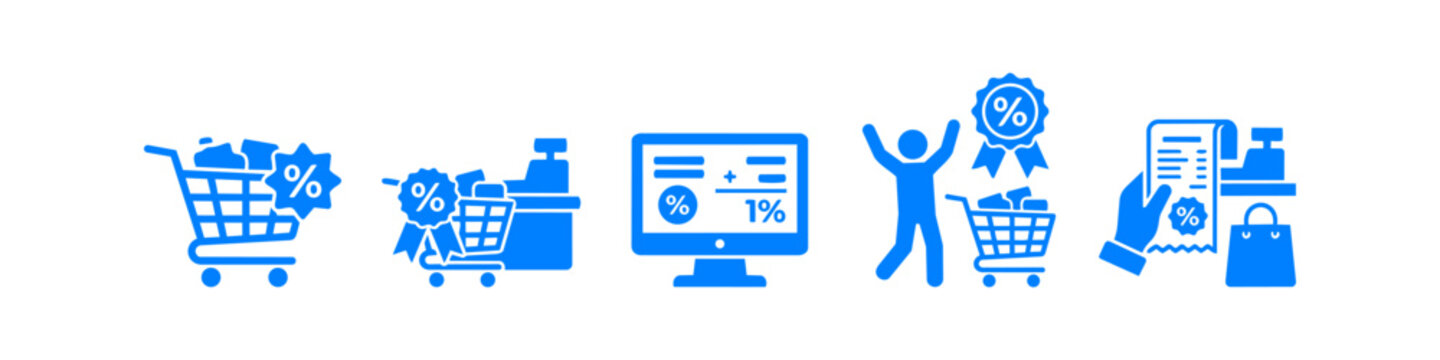 Set of blue shopping and discount icons featuring shopping carts, checkout counters, online sales math, a happy customer, and a retail receipt with percentage symbols.