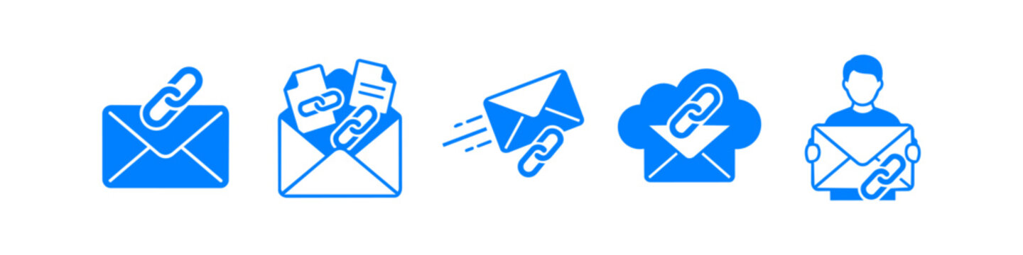 Blue flat vector icons set of email envelopes with link symbols, representing cloud sharing, document transmission, and digital communication concepts.